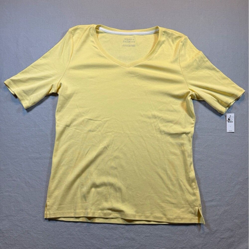 Talbots Women’s Yellow Solid V-Neck Short Sleeve Pima Cotton Knit Tee L